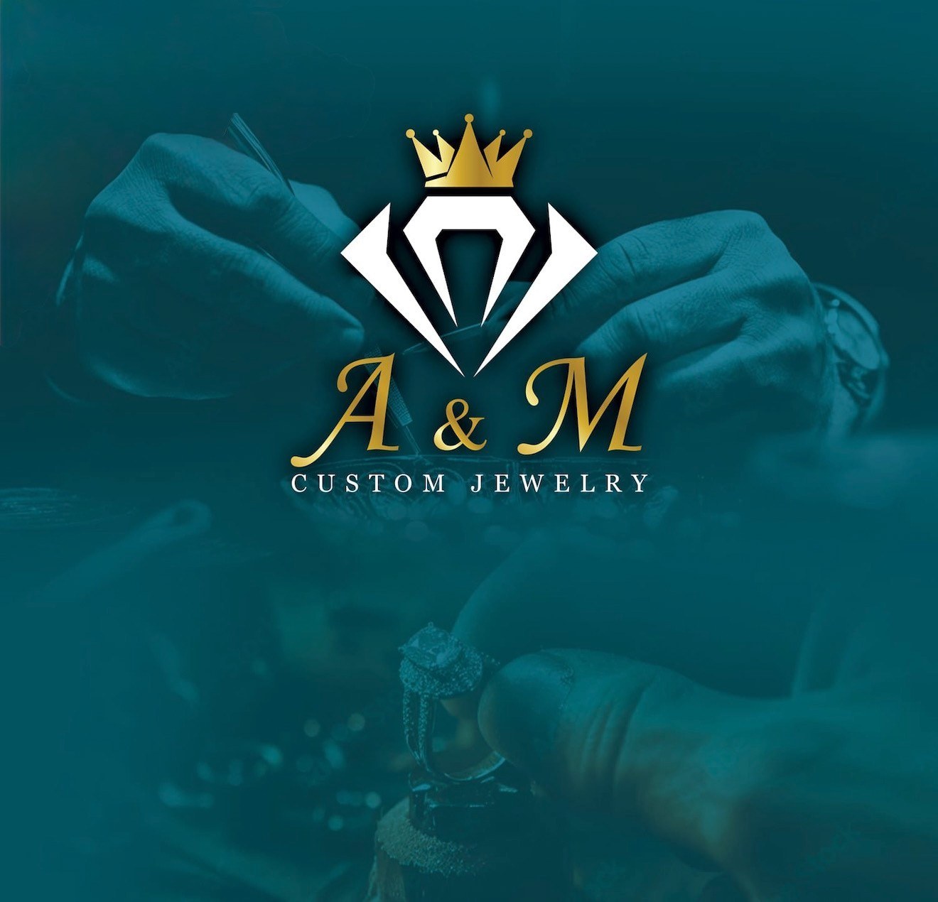 A & M Custom Jewelry logo over a jeweler setting a diamond ring